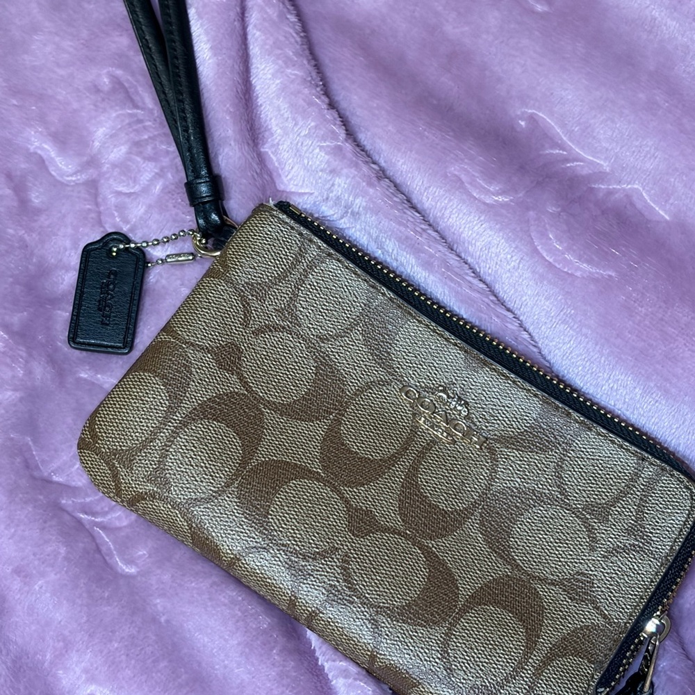 Coach Tan and Black Signature Wristlet